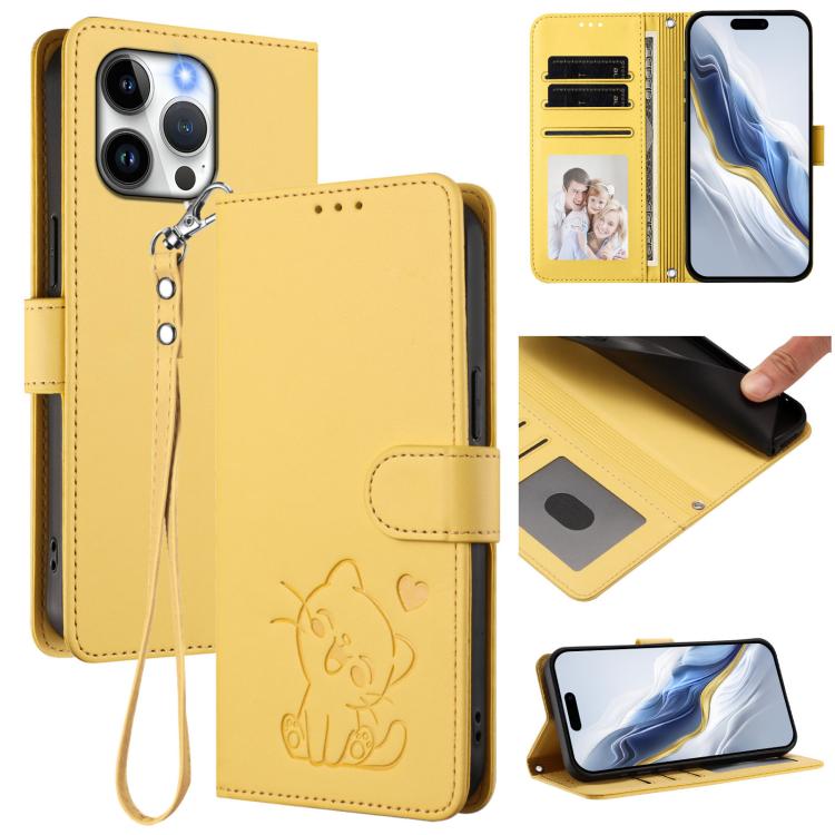 Embossed Heart Cat Leather Phone Case with Hand Strap, For iPhone 15, For iPhone 14 Plus, For iPhone 14 / 13, For iPhone 14 Pro