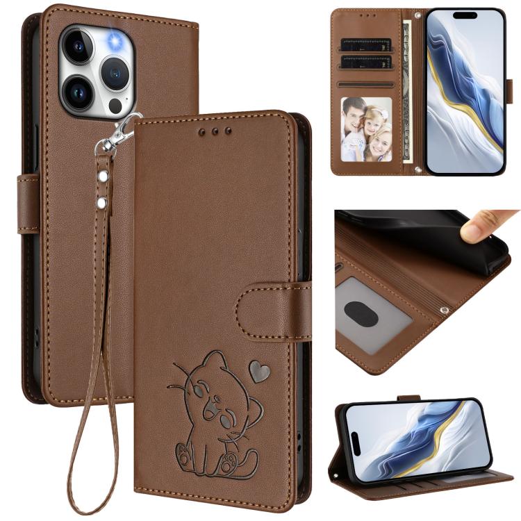 Embossed Heart Cat Leather Phone Case with Hand Strap, For iPhone 15, For iPhone 14 Plus, For iPhone 14 / 13, For iPhone 14 Pro
