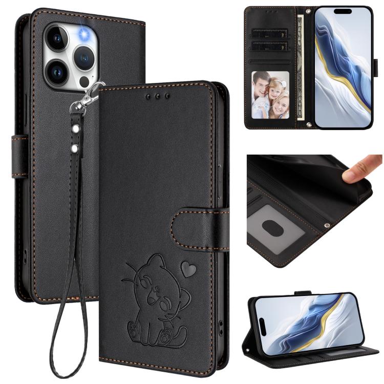 Embossed Heart Cat Leather Phone Case with Hand Strap, For iPhone 15, For iPhone 14 Plus, For iPhone 14 / 13, For iPhone 14 Pro
