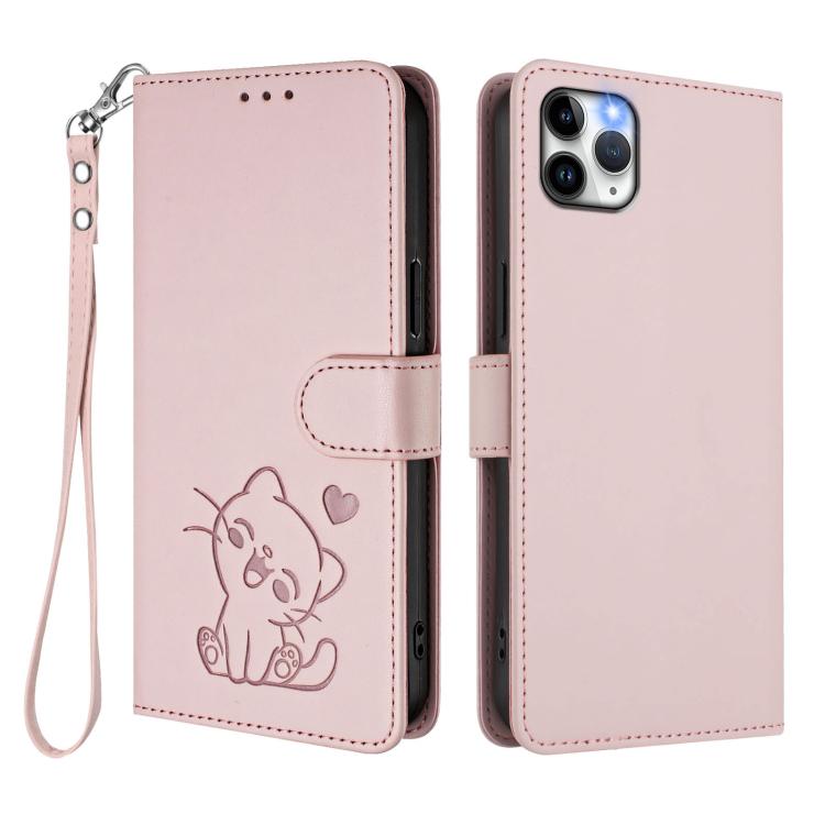 Embossed Heart Cat Leather Phone Case with Hand Strap, For iPhone 11 Pro Max, For iPhone 11, For iPhone 11 Pro, For iPhone X / XS