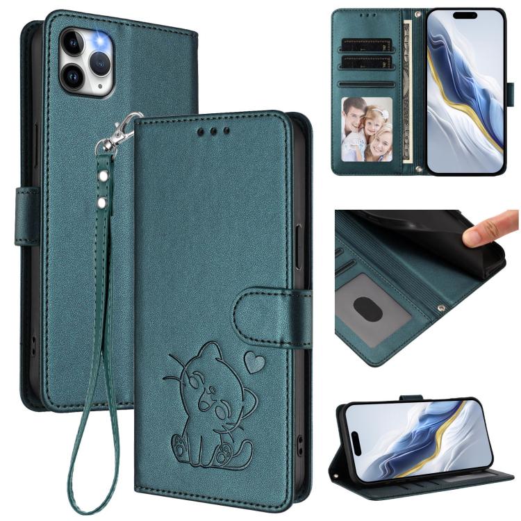 Embossed Heart Cat Leather Phone Case with Hand Strap, For iPhone 11 Pro Max, For iPhone 11, For iPhone 11 Pro, For iPhone X / XS