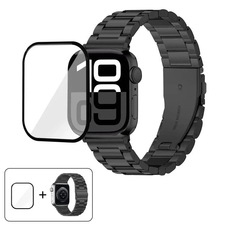 Three Beads Stainless Steel Watch Band with 3D Curved Film, For Apple Watch Series 10 46mm, For Apple Watch Series 10 42mm, For Apple Watch Series 44mm, For Apple Watch Series 40mm