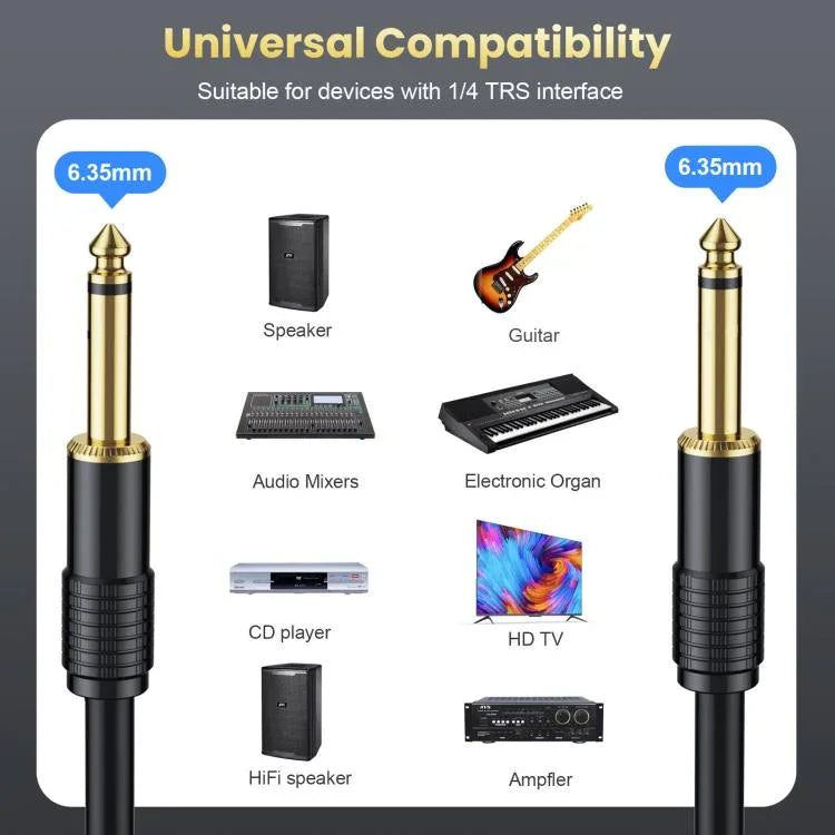 Mono Male to Male 6.35mm Mixer Audio Cable, 0.5m, 1m, 1.5m, 2m, 3m, 5m, 10m, 15m, 20m