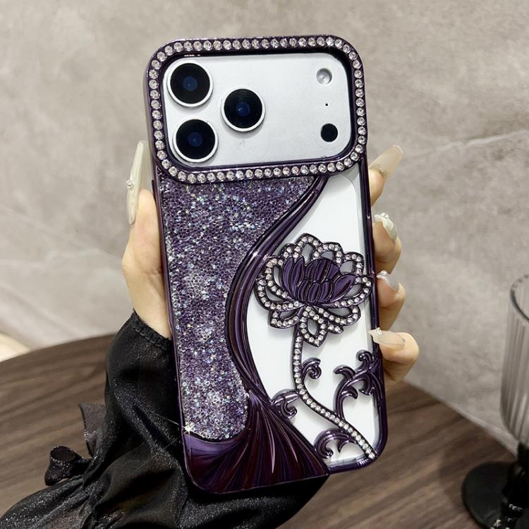 Electroplated TPU Lotus Hollow-carved  Rhinestone Glitter Phone Case, For iPhone 17 Pro Max, For iPhone 17 Pro, For iPhone 17, For iPhone 16 Pro Max, For iPhone 16 Pro, For iPhone 16, For iPhone 15 Pro Max, For iPhone 15 Pro
