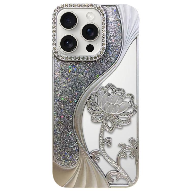 Electroplated TPU Lotus Hollow-carved  Rhinestone Glitter Phone Case, For iPhone 16, For iPhone 15 Pro Max, For iPhone 15 Pro, For iPhone 15, For iPhone 14, For iPhone 14 Pro, For iPhone 14 Pro Max, For iPhone 13 Pro Max