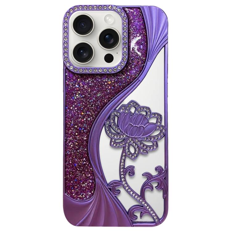 Electroplated TPU Lotus Hollow-carved  Rhinestone Glitter Phone Case, For iPhone 16, For iPhone 15 Pro Max, For iPhone 15 Pro, For iPhone 15, For iPhone 14, For iPhone 14 Pro, For iPhone 14 Pro Max, For iPhone 13 Pro Max