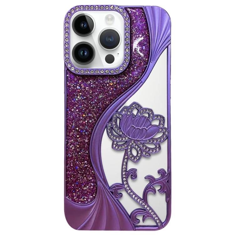 Electroplated TPU Lotus Hollow-carved  Rhinestone Glitter Phone Case, For iPhone 15, For iPhone 14, For iPhone 14 Pro, For iPhone 14 Pro Max, For iPhone 13 Pro Max, For iPhone 13 Pro, For iPhone 13, For iPhone 12