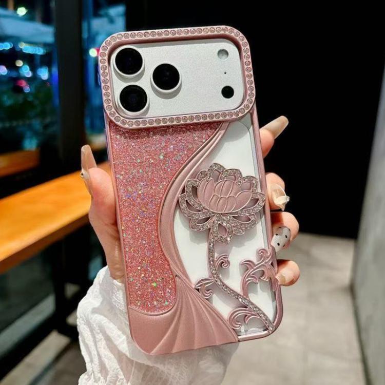 Electroplated TPU Lotus Hollow-carved  Rhinestone Glitter Phone Case, For iPhone 18, For iPhone 18 Pro, For iPhone 18 Pro Max, For iPhone 17 Pro Max, For iPhone 17 Pro, For iPhone 17, For iPhone 16 Pro Max, For iPhone 16 Pro