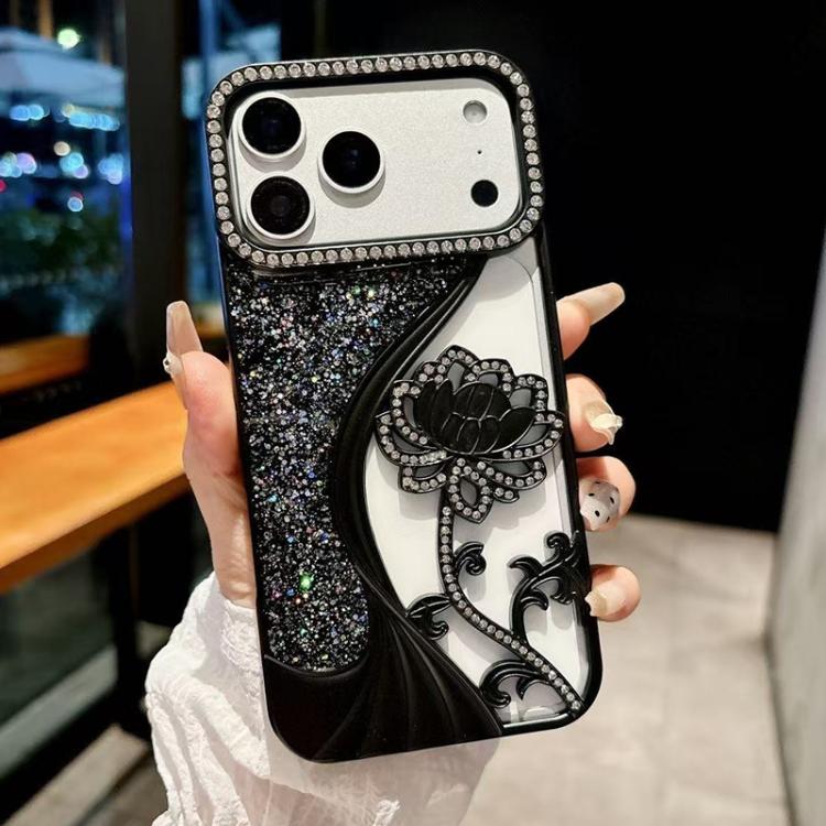 Electroplated TPU Lotus Hollow-carved  Rhinestone Glitter Phone Case, For iPhone 18, For iPhone 18 Pro, For iPhone 18 Pro Max, For iPhone 17 Pro Max, For iPhone 17 Pro, For iPhone 17, For iPhone 16 Pro Max, For iPhone 16 Pro