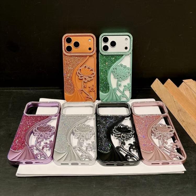 Electroplated TPU Lotus Hollow-carved  Rhinestone Glitter Phone Case, For iPhone 13 Pro, For iPhone 13, For iPhone 12, For iPhone 12 Pro Max, For iPhone 12 Pro, For iPhone 11 Pro Max, For iPhone 11