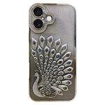 Electroplated TPU Peacock Relief Rhinestone Glitter Phone Case with Lens Film, For iPhone 17 Pro Max, For iPhone 17 Pro, For iPhone 17, For iPhone 16 Pro Max, For iPhone 16 Pro, For iPhone 16 Plus, For iPhone 16, For iPhone 15 Pro Max