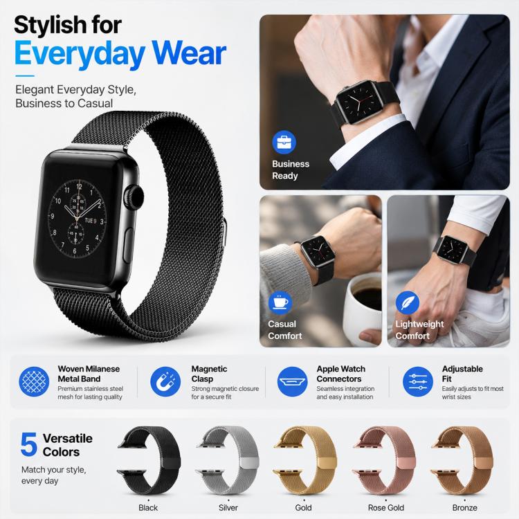 5 Pack xDfind Milanese Loop Magnetic Metal Watch Band, For Apple Watch 42 / 44 / 45 / 46 / 49mm, For Apple Watch 38 / 40 / 41 / S11 42mm