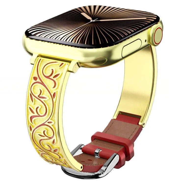 xDfind Retro Floral Carving Stainless Steel Hybrid Genuine Leather Watch Band, For Apple Watch 38 / 40 / 41 / S11 42mm