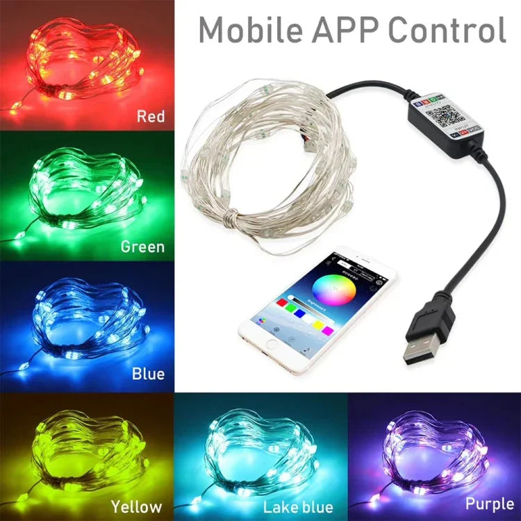 RGB USB  LED Copper Wire Light String Holiday Decoration Light String Bluetooth Mobile APP Control, 2m 20 LED, 5m 50 LED, 10m 100 LED, 12m 120 LED, 15m 150 LED, 20m 200 LED
