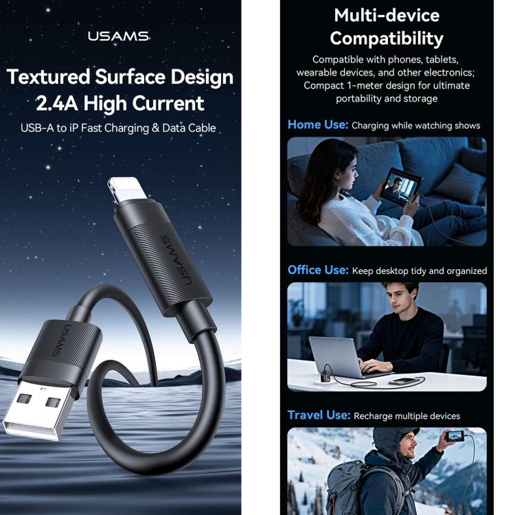 USAMS SJ778 U94 USB to 8pin 2.4A Fast Charging Data Cable, USB to 8pin