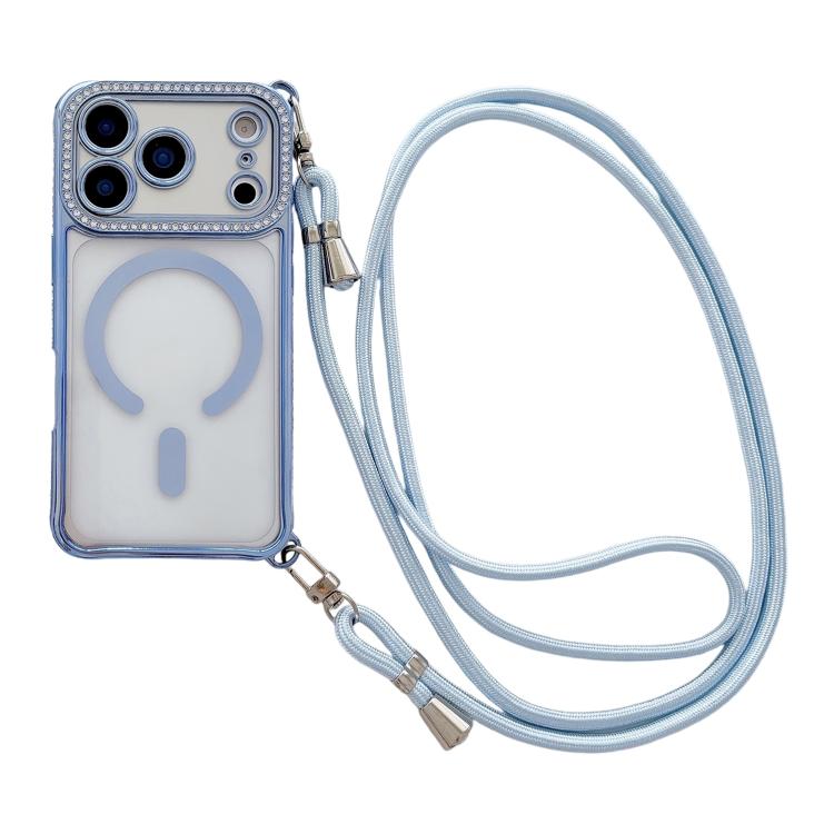 Rhinestone Clear Acrylic Electroplated Magnetic Phone Case with Right-Side Crossbody Lanyard, For iPhone 17 Pro Max, For iPhone 17 Pro, For iPhone 17, For iPhone Air, For iPhone 16 Pro Max, For iPhone 16 Pro, For iPhone 16 Plus, For iPhone 16          ...