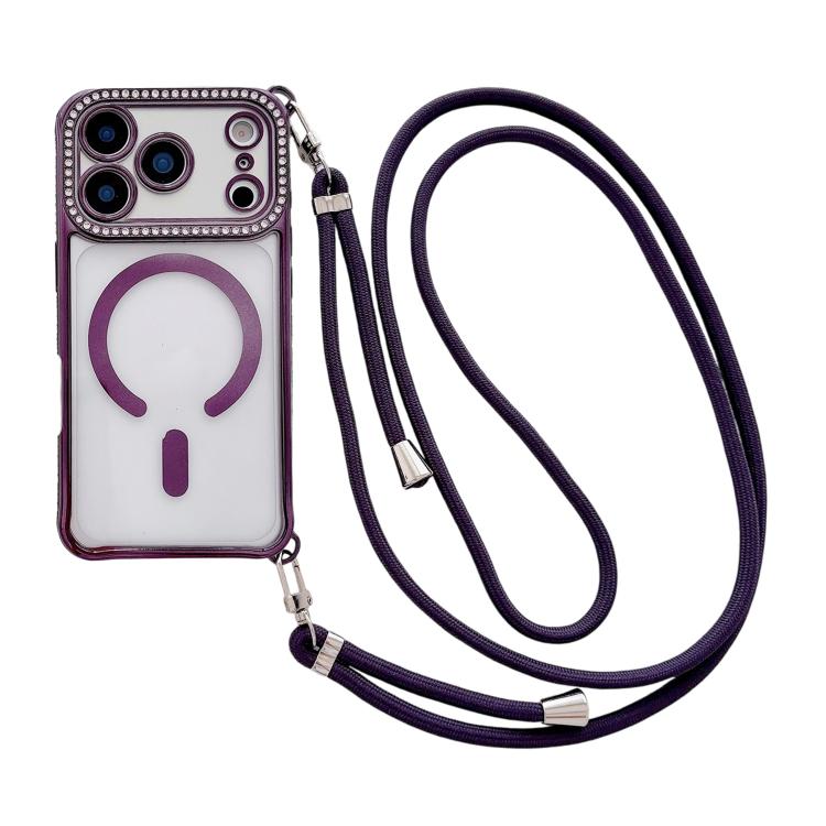 Rhinestone Clear Acrylic Electroplated Magnetic Phone Case with Right-Side Crossbody Lanyard, For iPhone 17 Pro Max, For iPhone 17 Pro, For iPhone 17, For iPhone Air, For iPhone 16 Pro Max, For iPhone 16 Pro, For iPhone 16 Plus, For iPhone 16          ...