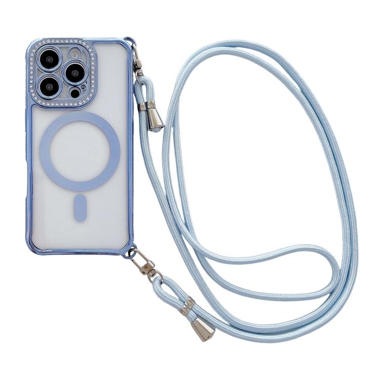 Rhinestone Clear Acrylic Electroplated Magnetic Phone Case with Right-Side Crossbody Lanyard, For iPhone 17 Pro Max, For iPhone 17 Pro, For iPhone 17, For iPhone Air, For iPhone 16 Pro Max, For iPhone 16 Pro, For iPhone 16 Plus, For iPhone 16          ...