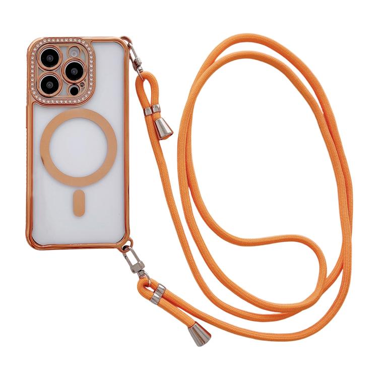 Rhinestone Clear Acrylic Electroplated Magnetic Phone Case with Right-Side Crossbody Lanyard, For iPhone 17 Pro Max, For iPhone 17 Pro, For iPhone 17, For iPhone Air, For iPhone 16 Pro Max, For iPhone 16 Pro, For iPhone 16 Plus, For iPhone 16          ...