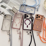 Rhinestone Clear Acrylic Electroplated Magnetic Phone Case with Right-Side Crossbody Lanyard, For iPhone 17 Pro Max, For iPhone 17 Pro, For iPhone 17, For iPhone Air, For iPhone 16 Pro Max, For iPhone 16 Pro, For iPhone 16 Plus, For iPhone 16          ...
