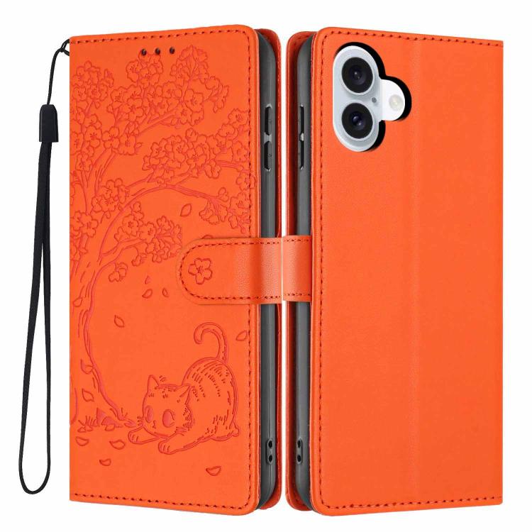 Tree Cat Embossed Flip Vegan Leather Phone Case, For iPhone 17e / 16e, For iPhone 17 Pro Max, For iPhone 17 Pro, For iPhone 17, For iPhone Air, For iPhone 16 Pro Max