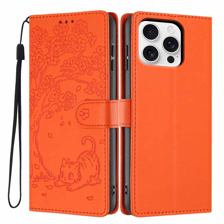 Tree Cat Embossed Flip Vegan Leather Phone Case, For iPhone 17e / 16e, For iPhone 17 Pro Max, For iPhone 17 Pro, For iPhone 17, For iPhone Air, For iPhone 16 Pro Max