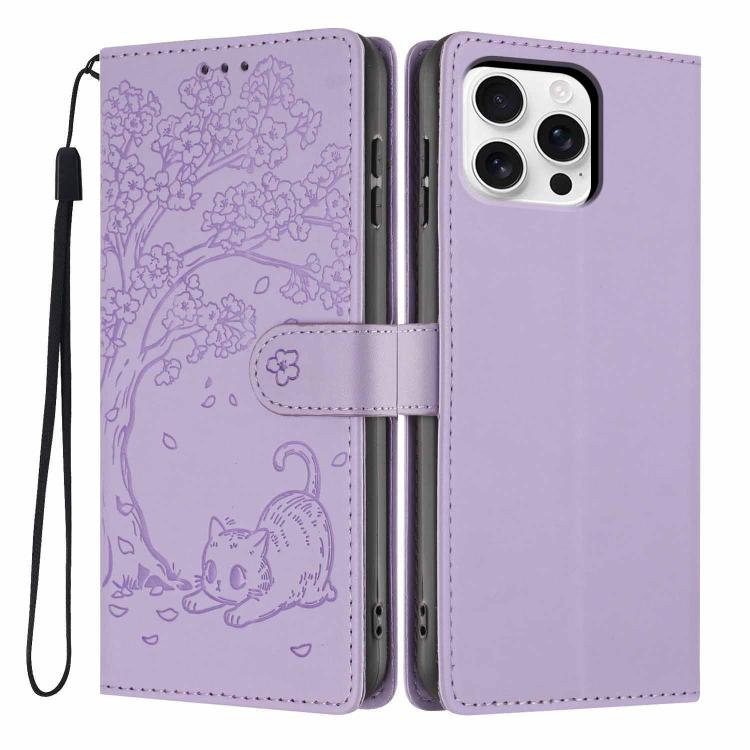 Tree Cat Embossed Flip Vegan Leather Phone Case, For iPhone 16 Pro, For iPhone 16 Plus, For iPhone 16, For iPhone 15 Pro Max, For iPhone 15 Pro, For iPhone 15 Plus
