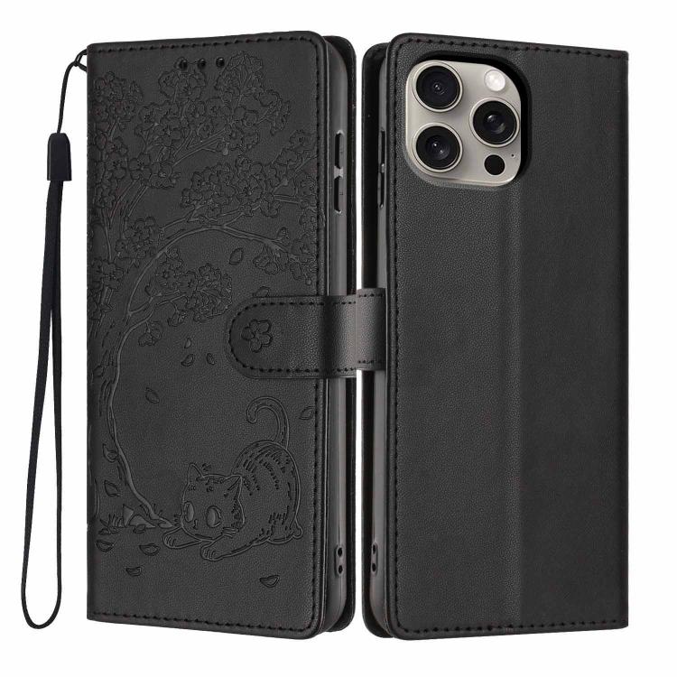 Tree Cat Embossed Flip Vegan Leather Phone Case, For iPhone 16 Pro, For iPhone 16 Plus, For iPhone 16, For iPhone 15 Pro Max, For iPhone 15 Pro, For iPhone 15 Plus