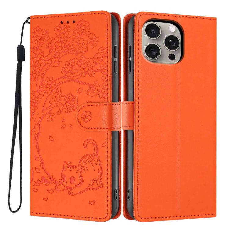 Tree Cat Embossed Flip Vegan Leather Phone Case, For iPhone 16 Pro, For iPhone 16 Plus, For iPhone 16, For iPhone 15 Pro Max, For iPhone 15 Pro, For iPhone 15 Plus