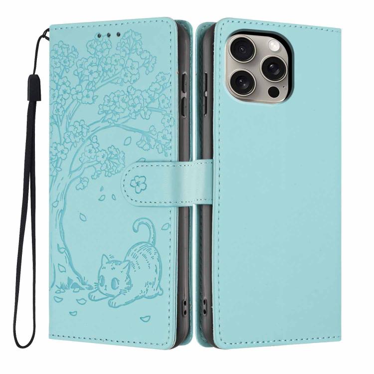 Tree Cat Embossed Flip Vegan Leather Phone Case, For iPhone 16 Pro, For iPhone 16 Plus, For iPhone 16, For iPhone 15 Pro Max, For iPhone 15 Pro, For iPhone 15 Plus