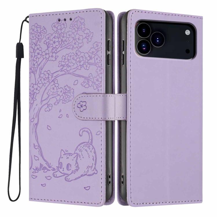 Tree Cat Embossed Flip Vegan Leather Phone Case, For iPhone 18 Pro, For iPhone 18 Pro Max, For iPhone 17e / 16e, For iPhone 17 Pro Max, For iPhone 17 Pro, For iPhone 17