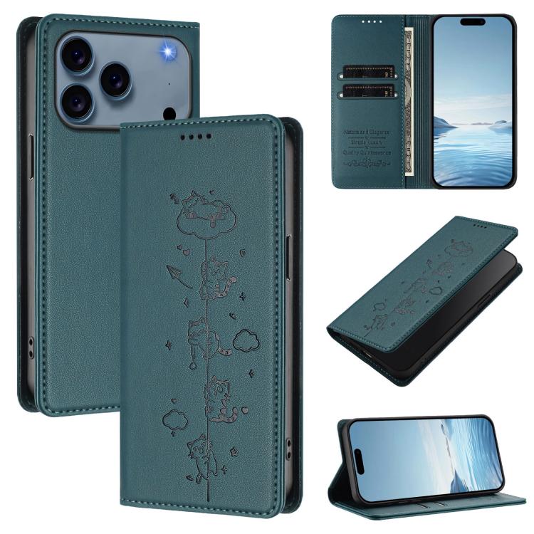 Cute Cats Embossed Magnetic RFID Vegan Leather Phone Case, For iPhone 17e / 16e, For iPhone 17 Pro Max, For iPhone 17 Pro, For iPhone 17
