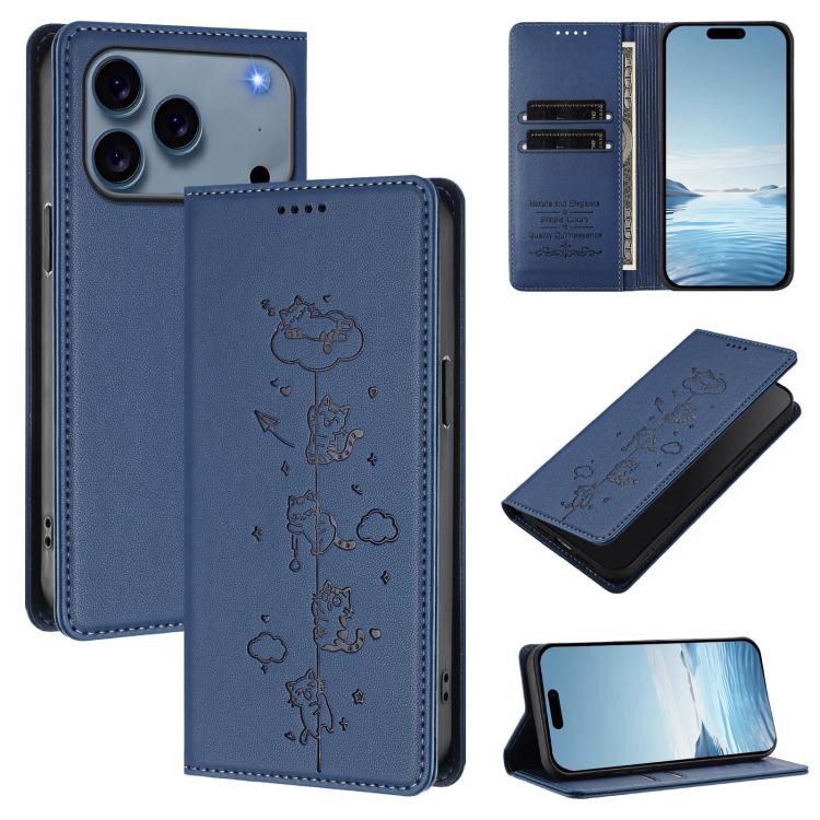 Cute Cats Embossed Magnetic RFID Vegan Leather Phone Case, For iPhone 17e / 16e, For iPhone 17 Pro Max, For iPhone 17 Pro, For iPhone 17