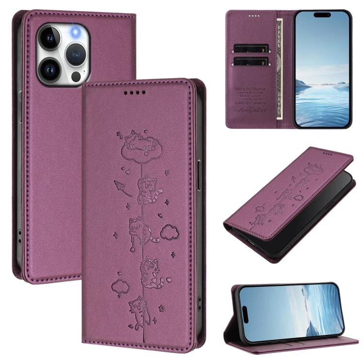 Cute Cats Embossed Magnetic RFID Vegan Leather Phone Case, For iPhone 15, For iPhone 14 Plus, For iPhone 14 / 13, For iPhone 14 Pro