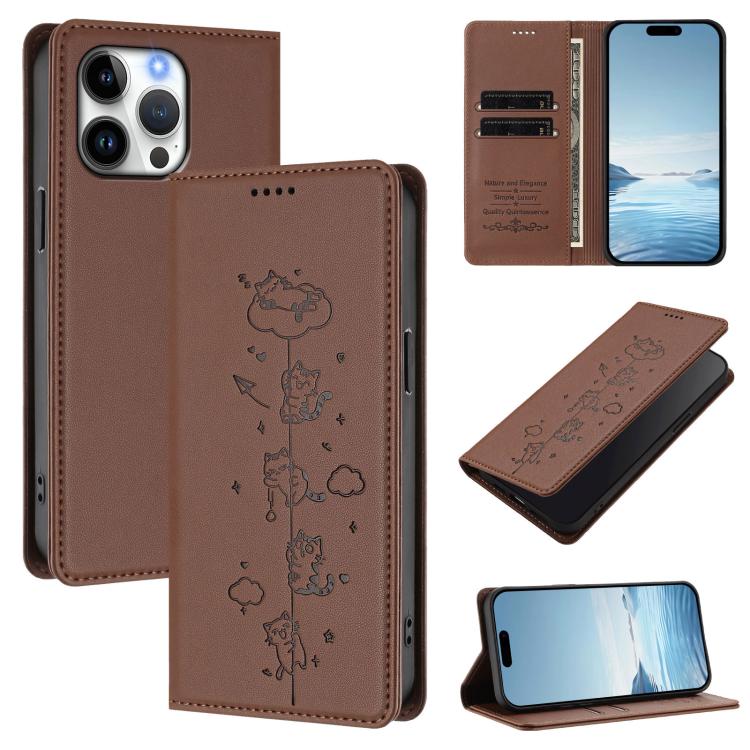 Cute Cats Embossed Magnetic RFID Vegan Leather Phone Case, For iPhone 15, For iPhone 14 Plus, For iPhone 14 / 13, For iPhone 14 Pro