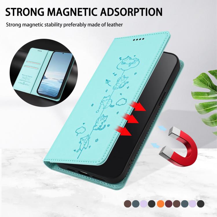 Cute Cats Embossed Magnetic RFID Vegan Leather Phone Case, For iPhone 14 Pro Max, For iPhone 13 Pro Max, For iPhone 13 Pro, For iPhone 12 Pro Max
