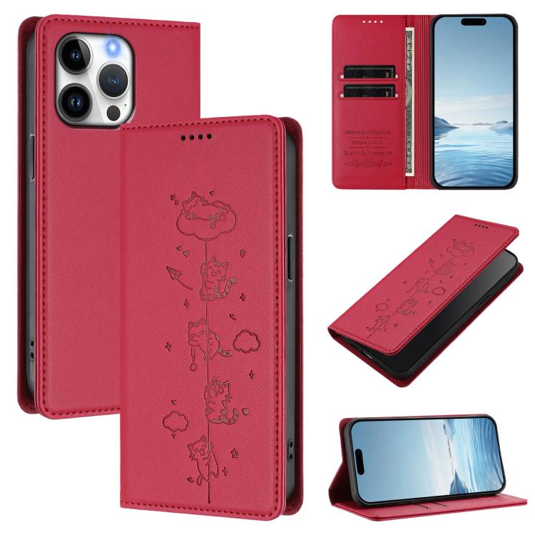 Cute Cats Embossed Magnetic RFID Vegan Leather Phone Case, For iPhone 14 Pro Max, For iPhone 13 Pro Max, For iPhone 13 Pro, For iPhone 12 Pro Max