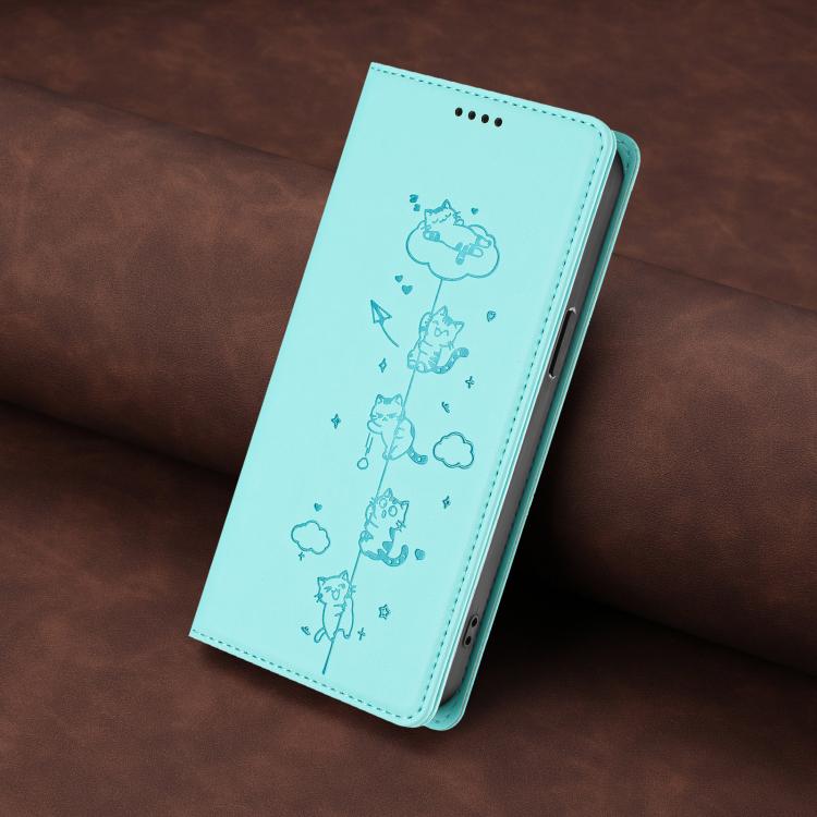 Cute Cats Embossed Magnetic RFID Vegan Leather Phone Case, For iPhone 17e / 16e, For iPhone 17 Pro Max, For iPhone 17 Pro, For iPhone 17