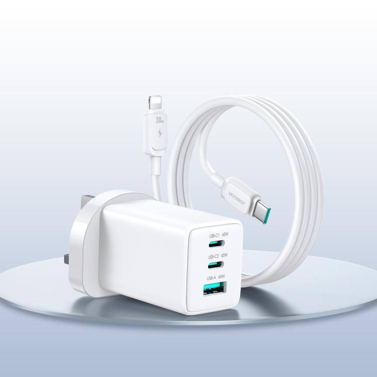 JOYROOM JR-TG10 65W GaN Dual Type-C, USB 3-Port Charger with Type-C to 8 Pin Cable, EU Plug, UK Plug
