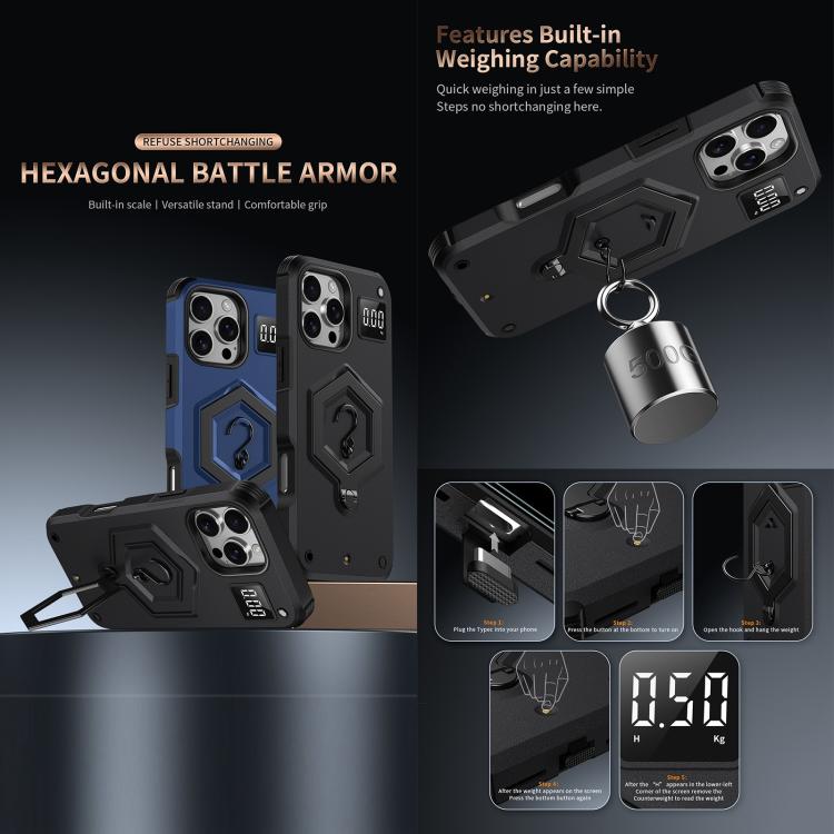 Hexagon Armor Magnetic Holder Weighing Scale Phone Case, For iPhone 14 / 13, For iPhone 14 Pro, For iPhone 14 Pro Max, For iPhone 13 Pro Max, For iPhone 13 Pro, For iPhone 12 Pro Max