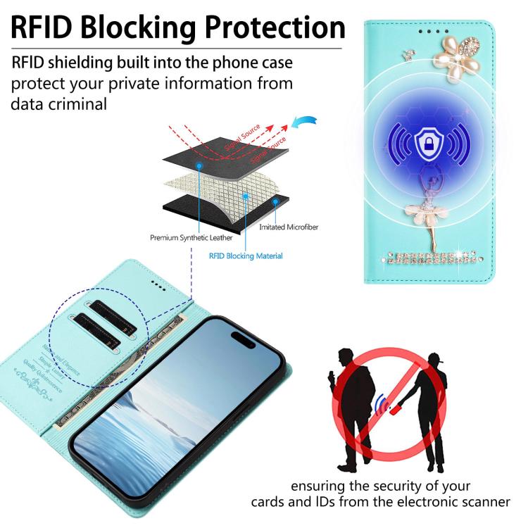 Ballet Girl Diamond Studded RFID Vegan Leather Phone Case, For iPhone 13 Pro, For iPhone 12 / 12 Pro, For iPhone 12 Pro Max, For iPhone 11 Pro Max, For iPhone 11, For iPhone 11 Pro