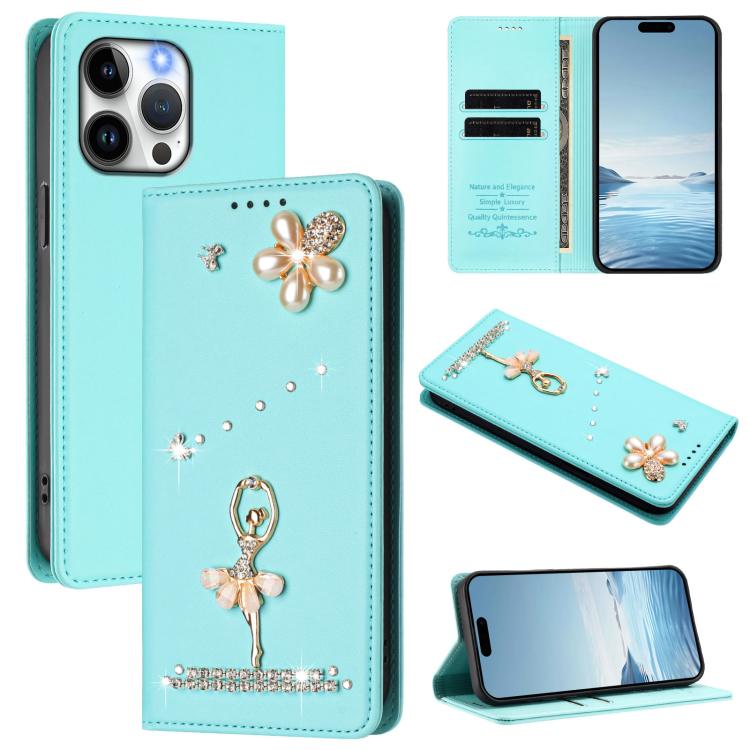 Ballet Girl Diamond Studded RFID Vegan Leather Phone Case, For iPhone 16 Pro, For iPhone 16 Plus, For iPhone 16, For iPhone 15 Pro Max, For iPhone 15 Pro, For iPhone 15 Plus