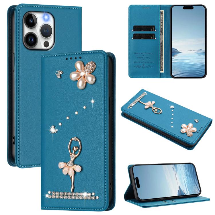 Ballet Girl Diamond Studded RFID Vegan Leather Phone Case, For iPhone 16 Pro, For iPhone 16 Plus, For iPhone 16, For iPhone 15 Pro Max, For iPhone 15 Pro, For iPhone 15 Plus