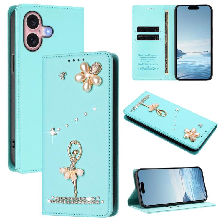 Ballet Girl Diamond Studded RFID Vegan Leather Phone Case, For iPhone 16 Pro, For iPhone 16 Plus, For iPhone 16, For iPhone 15 Pro Max, For iPhone 15 Pro, For iPhone 15 Plus