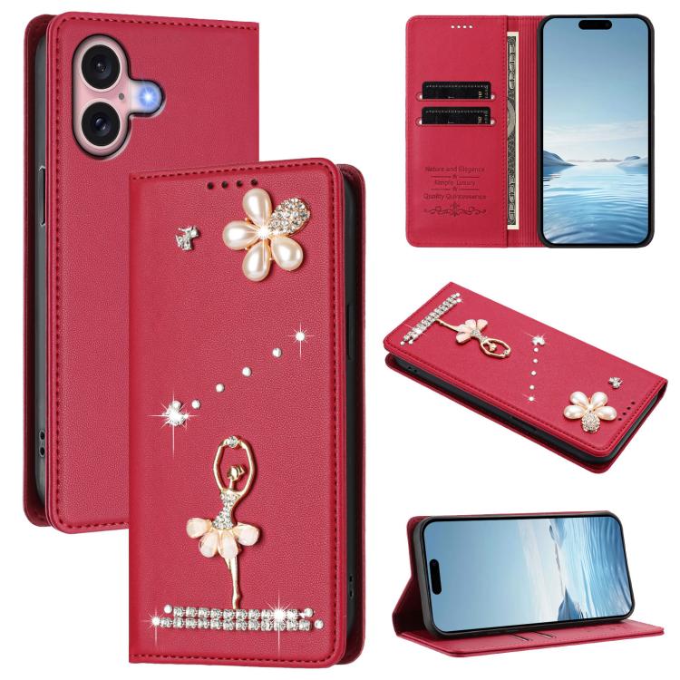Ballet Girl Diamond Studded RFID Vegan Leather Phone Case, For iPhone 16 Pro, For iPhone 16 Plus, For iPhone 16, For iPhone 15 Pro Max, For iPhone 15 Pro, For iPhone 15 Plus