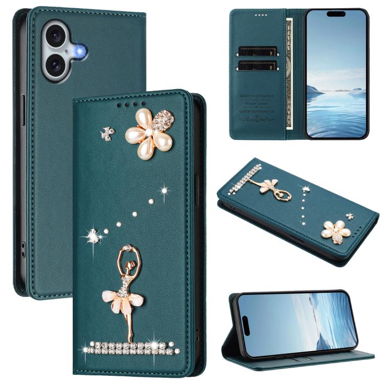 Ballet Girl Diamond Studded RFID Vegan Leather Phone Case, For iPhone 16 Pro, For iPhone 16 Plus, For iPhone 16, For iPhone 15 Pro Max, For iPhone 15 Pro, For iPhone 15 Plus
