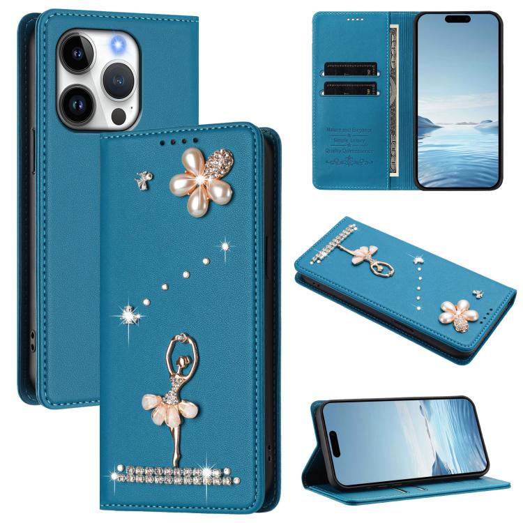 Ballet Girl Diamond Studded RFID Vegan Leather Phone Case, For iPhone 16 Pro, For iPhone 16 Plus, For iPhone 16, For iPhone 15 Pro Max, For iPhone 15 Pro, For iPhone 15 Plus