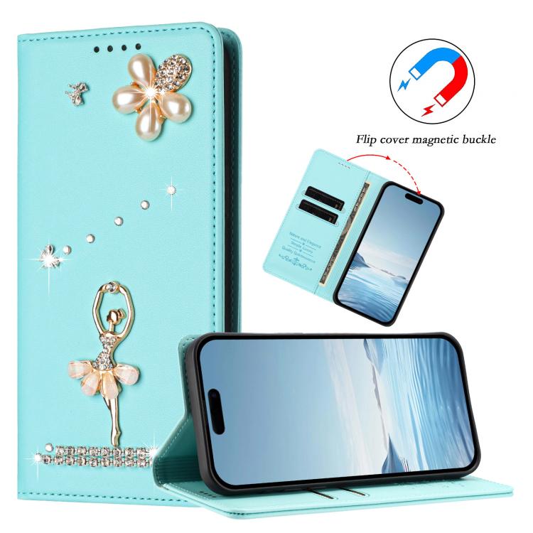 Ballet Girl Diamond Studded RFID Vegan Leather Phone Case, For iPhone 17e / 16e, For iPhone 17 Pro Max, For iPhone 17 Pro, For iPhone 17, For iPhone Air, For iPhone 16 Pro Max