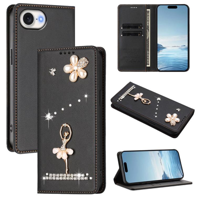 Ballet Girl Diamond Studded RFID Vegan Leather Phone Case, For iPhone 17e / 16e, For iPhone 17 Pro Max, For iPhone 17 Pro, For iPhone 17, For iPhone Air, For iPhone 16 Pro Max