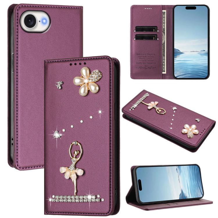 Ballet Girl Diamond Studded RFID Vegan Leather Phone Case, For iPhone 17e / 16e, For iPhone 17 Pro Max, For iPhone 17 Pro, For iPhone 17, For iPhone Air, For iPhone 16 Pro Max
